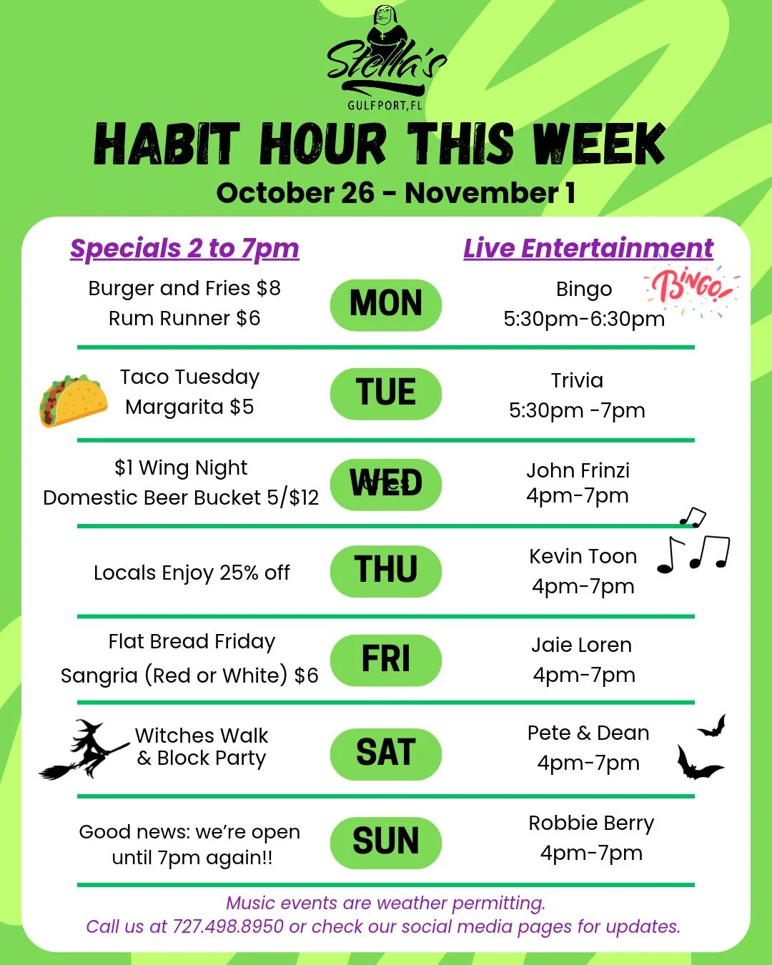 Restaurant weekly specials and live entertainment schedule flyer