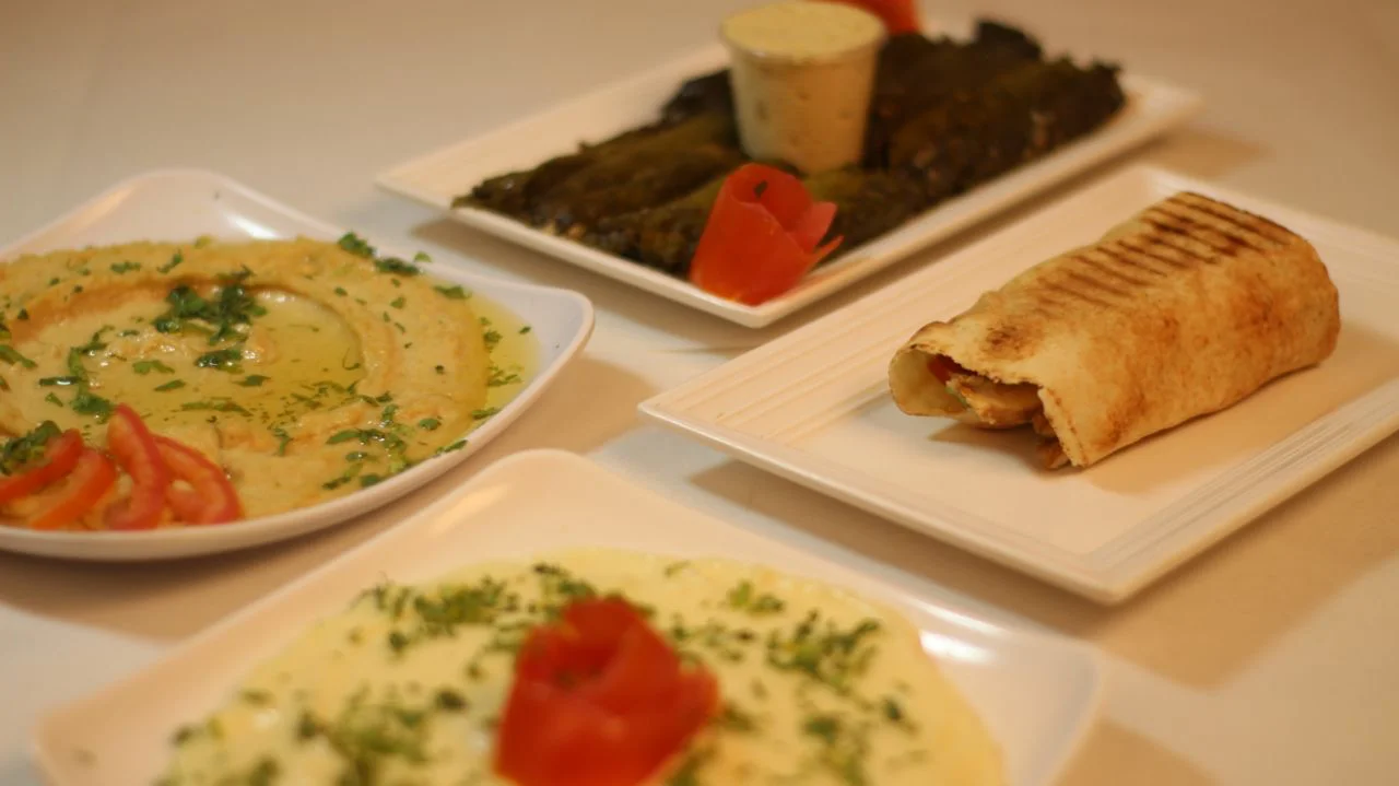Mediterranean mezze platter with hummus and stuffed grape leaves