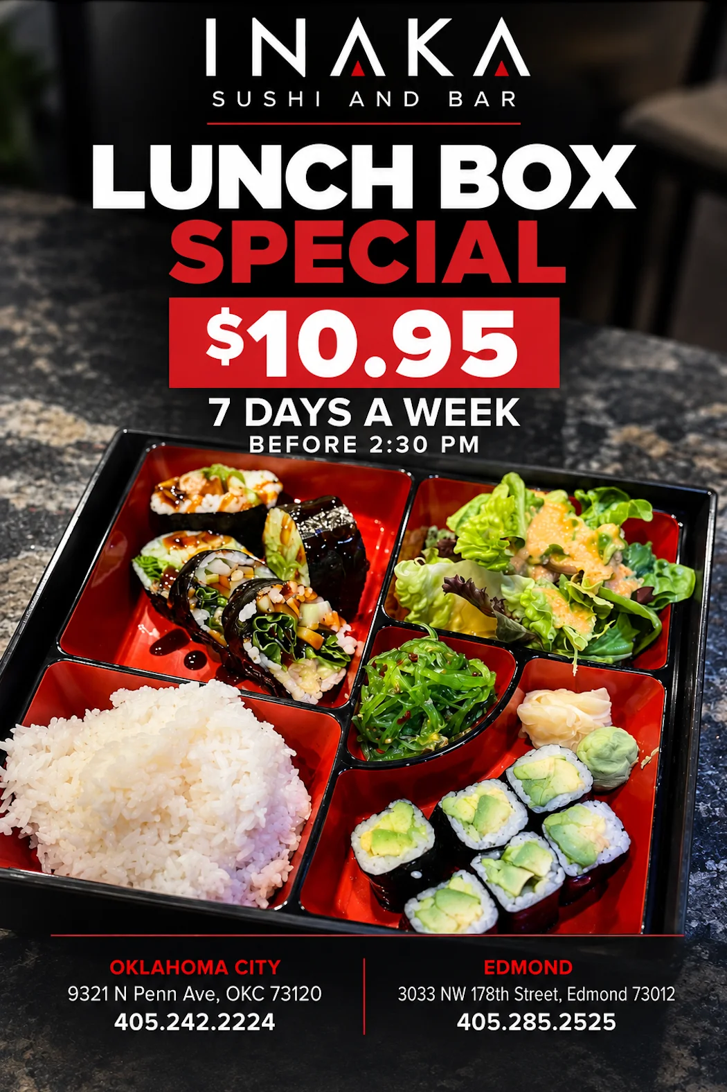Japanese sushi lunch box special with rice and salad