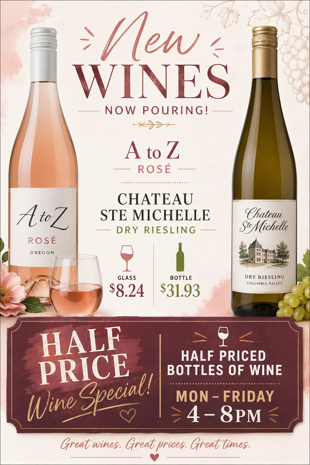 New wine offerings with pricing details and half-price special hours.