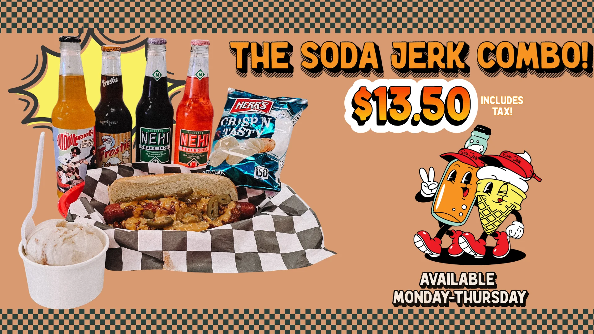 Soda Jerk Combo featuring hot dog, chips, and assorted sodas