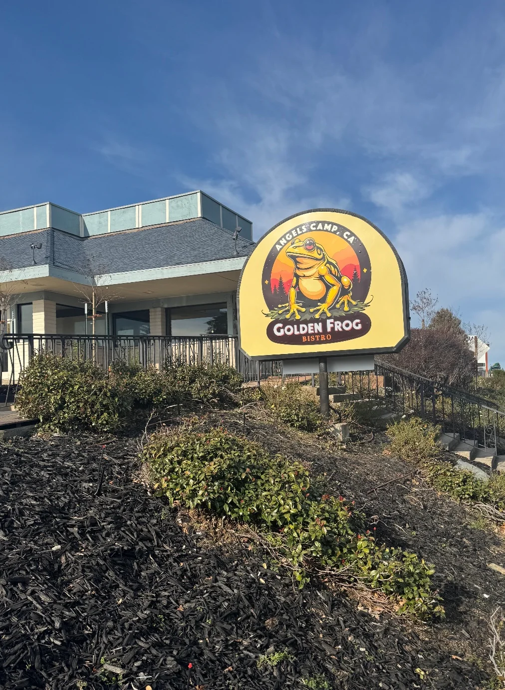 Golden Frog Bistro sign in Angels Camp, CA