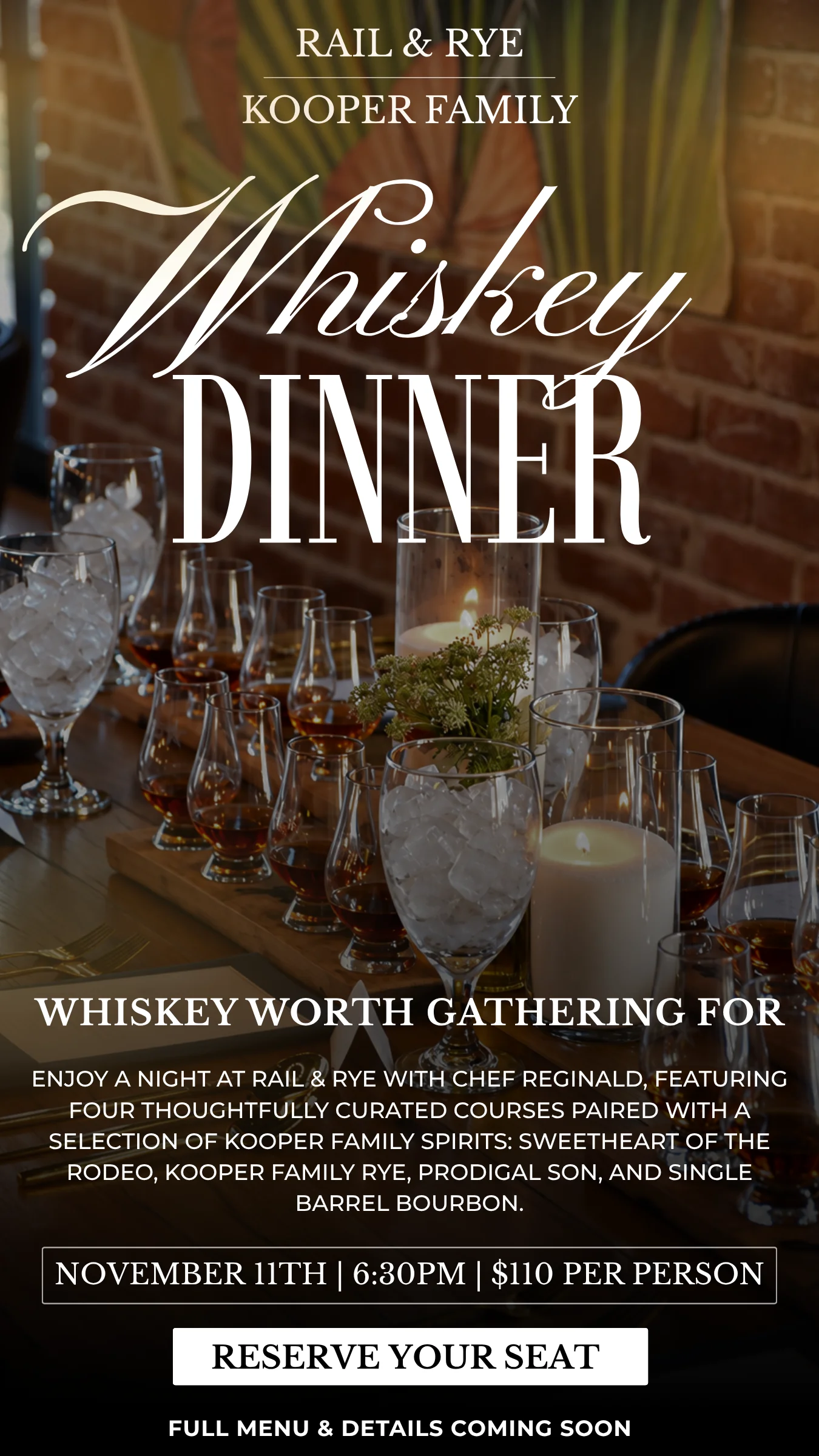 Whiskey dinner event poster with tasting glasses and candlelit restaurant table