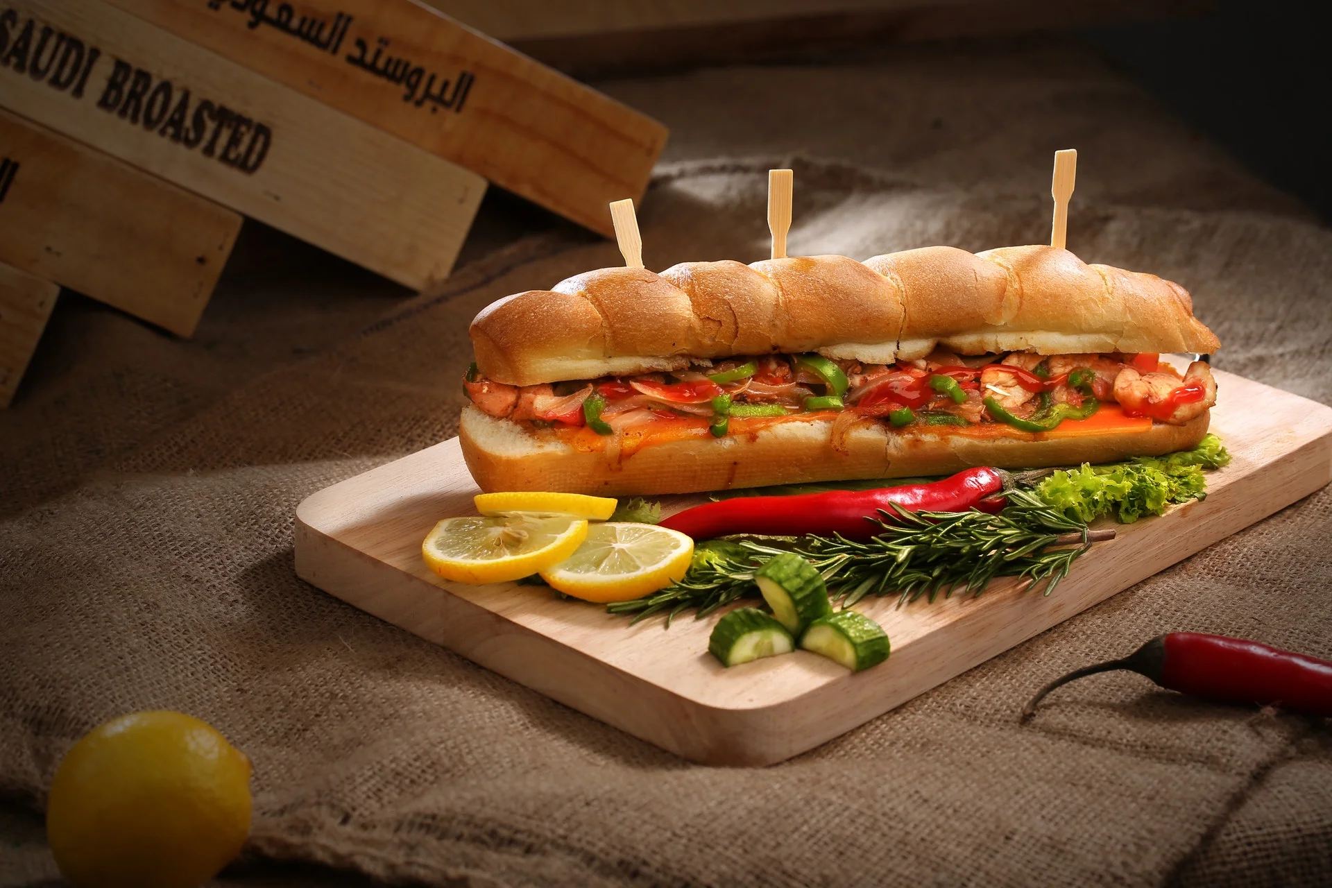Delicious gourmet burger with fresh toppings on a wooden table