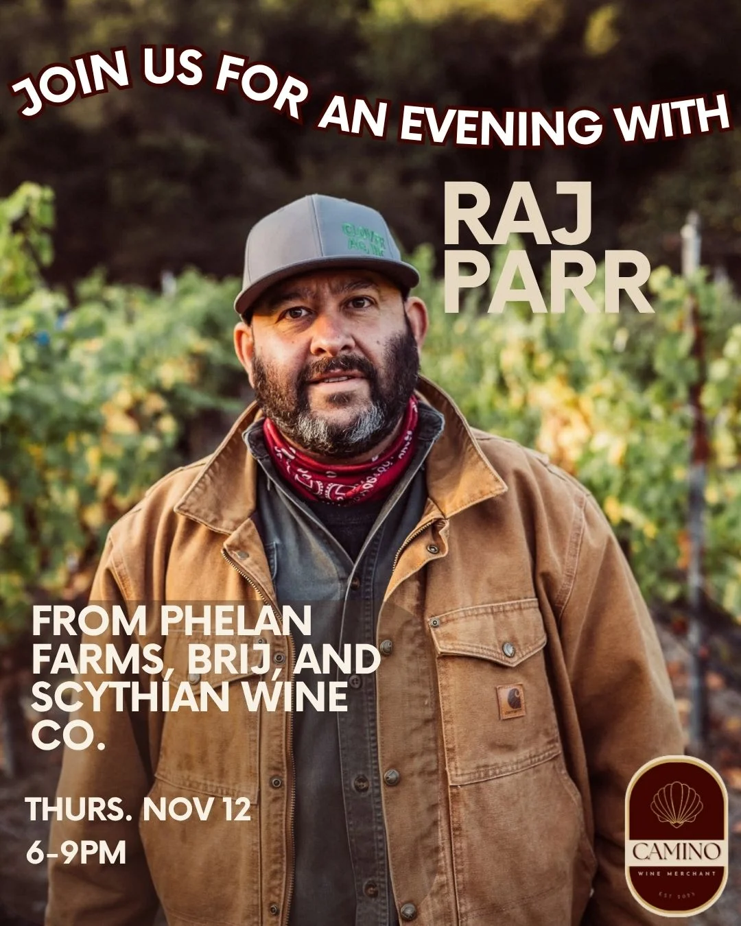 Restaurant event poster featuring a bearded man outdoors with promotional typography