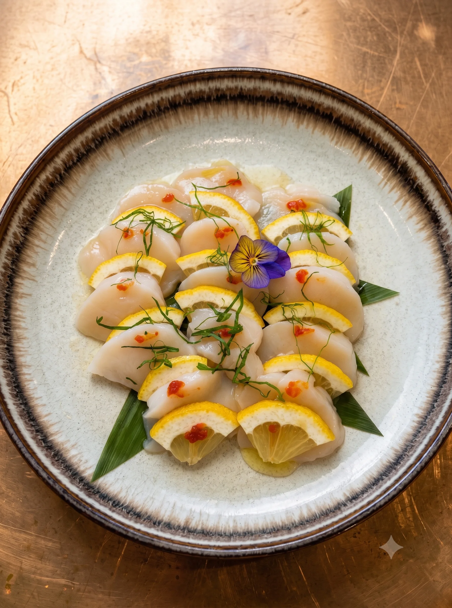 Japanese sashimi platter with lemon and edible flowers