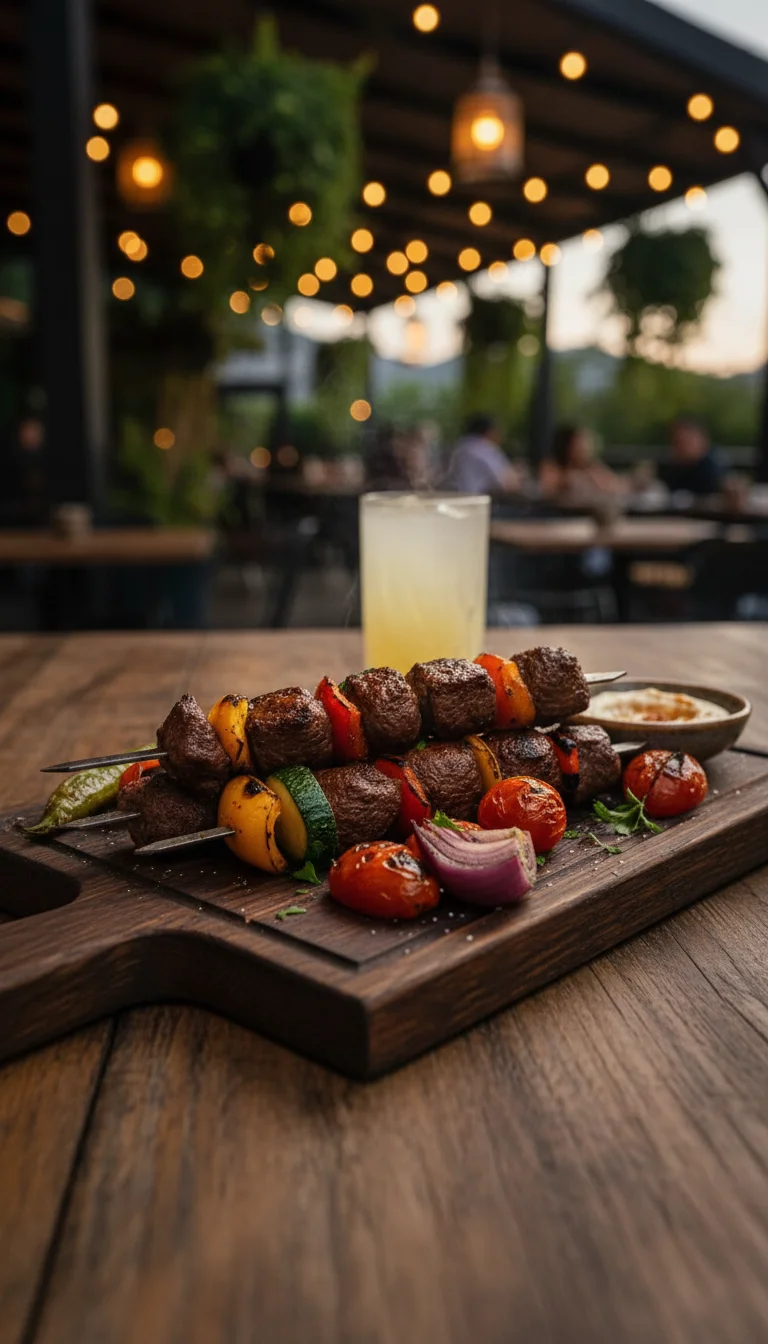 A wooden platter displaying beef shish kabab skewers, accompanied by colorful grilled vegetables and a glass of drink in the background.