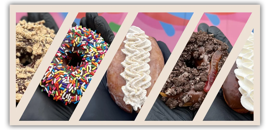 Colorful gourmet donuts with various toppings