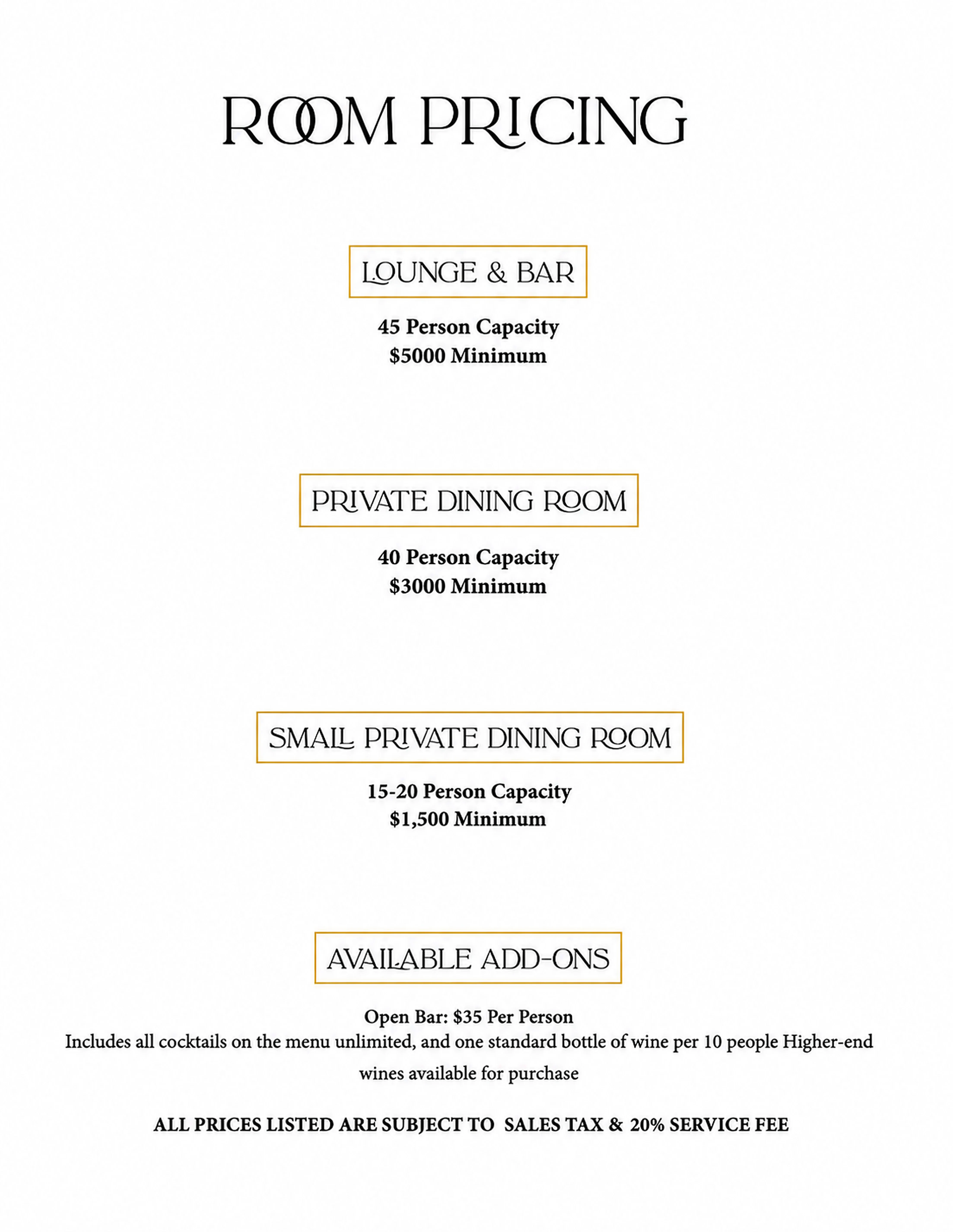 Room pricing details for event spaces in a modern restaurant