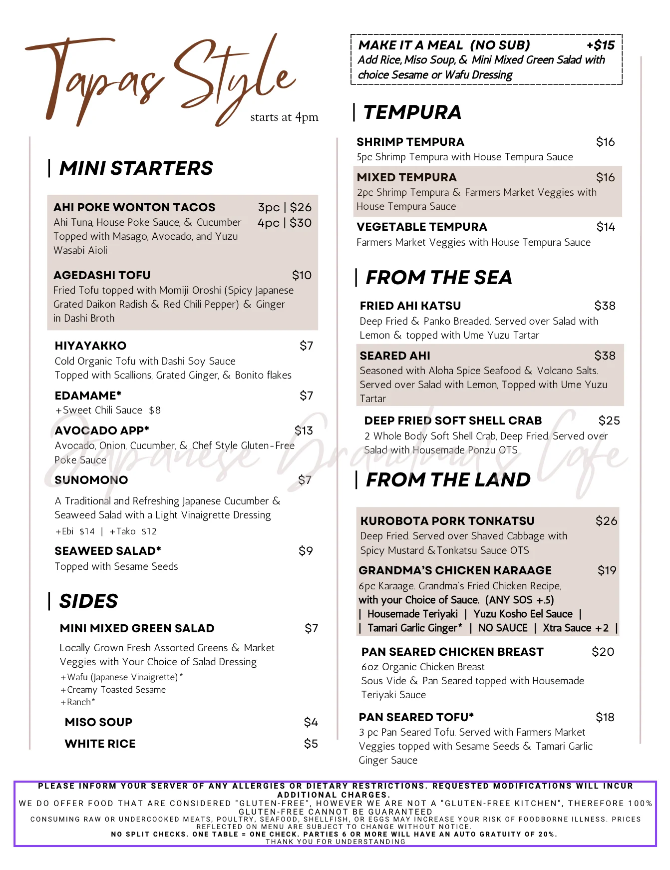 Japanese-inspired restaurant dinner menu featuring tempura, sushi-style starters, and tonkatsu