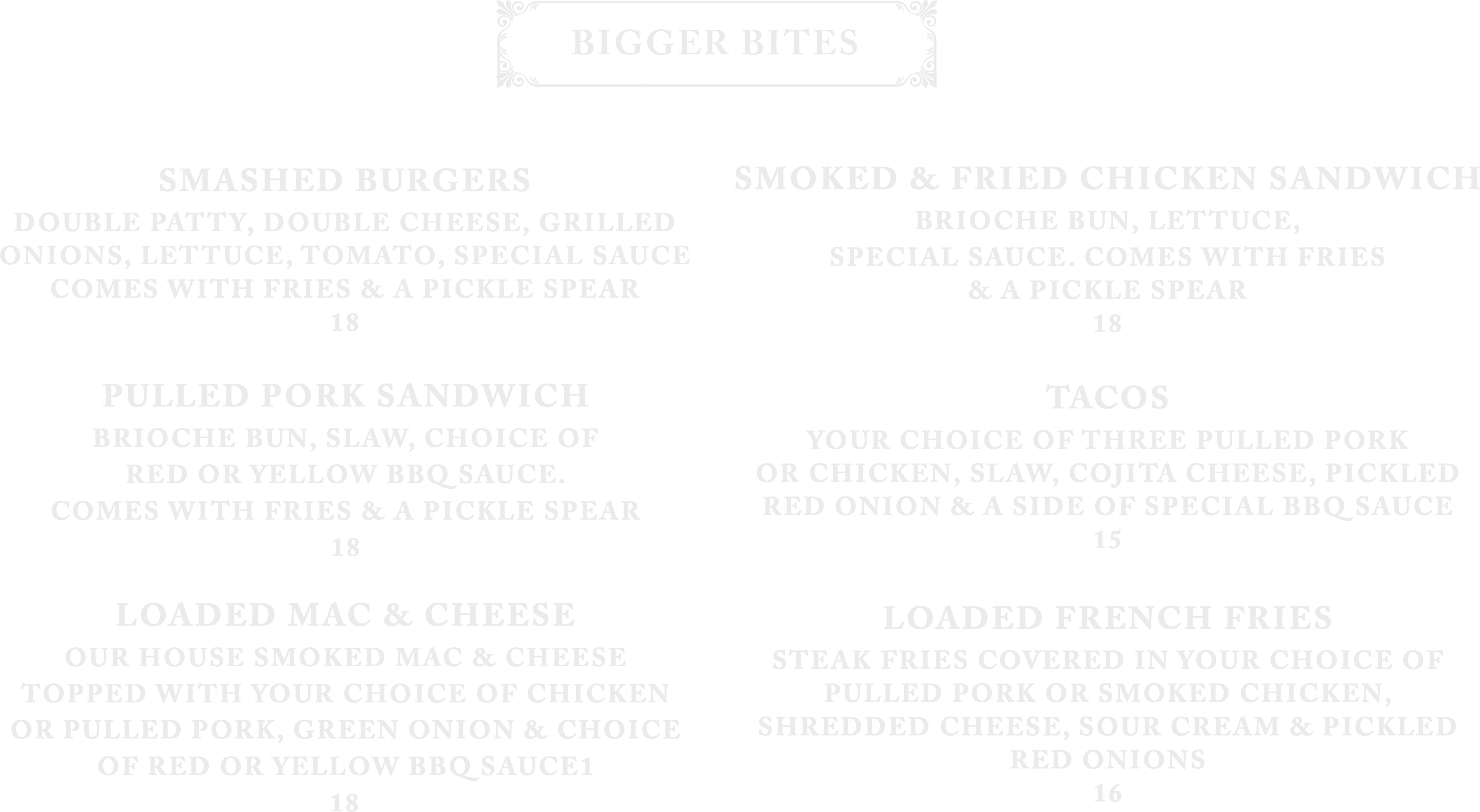 American comfort food menu featuring burgers and sandwiches