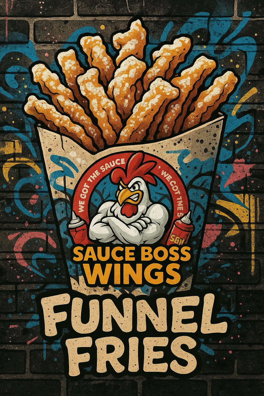 Crispy funnel fries served in a vibrant container