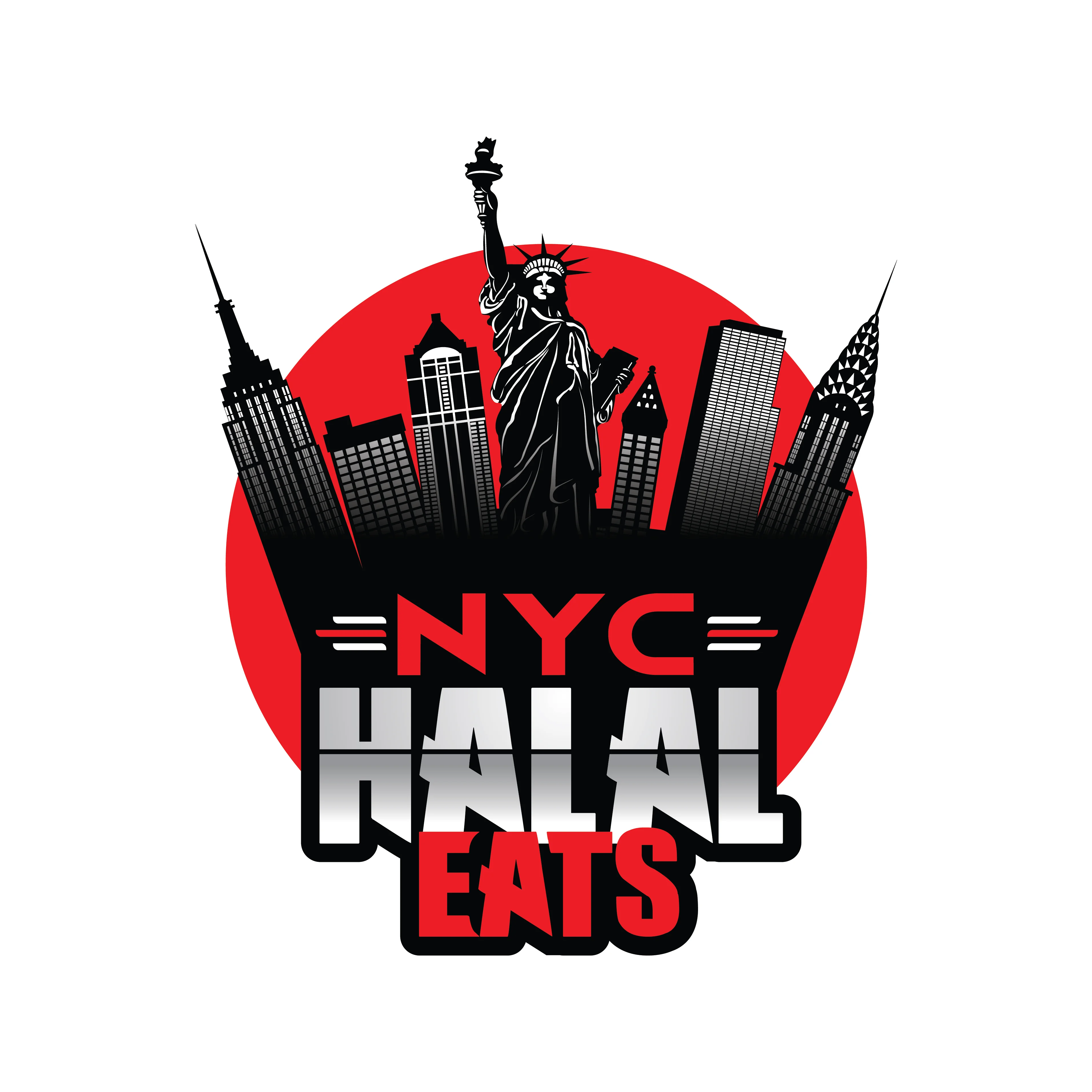 A logo featuring a stylized representation of the Statue of Liberty alongside a skyline, with bold text stating 'NYC HALAL EATS'. The background is red and black.