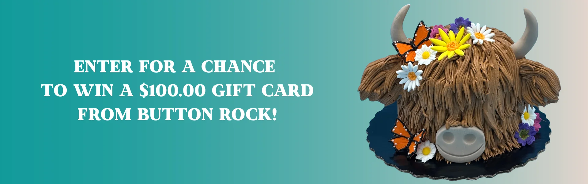 Promotional graphic featuring a horned animal cake and gift card giveaway text