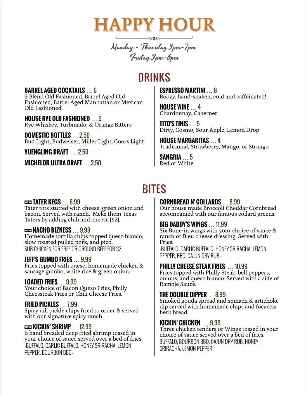 Happy hour menu featuring cocktails and bites at a lively restaurant