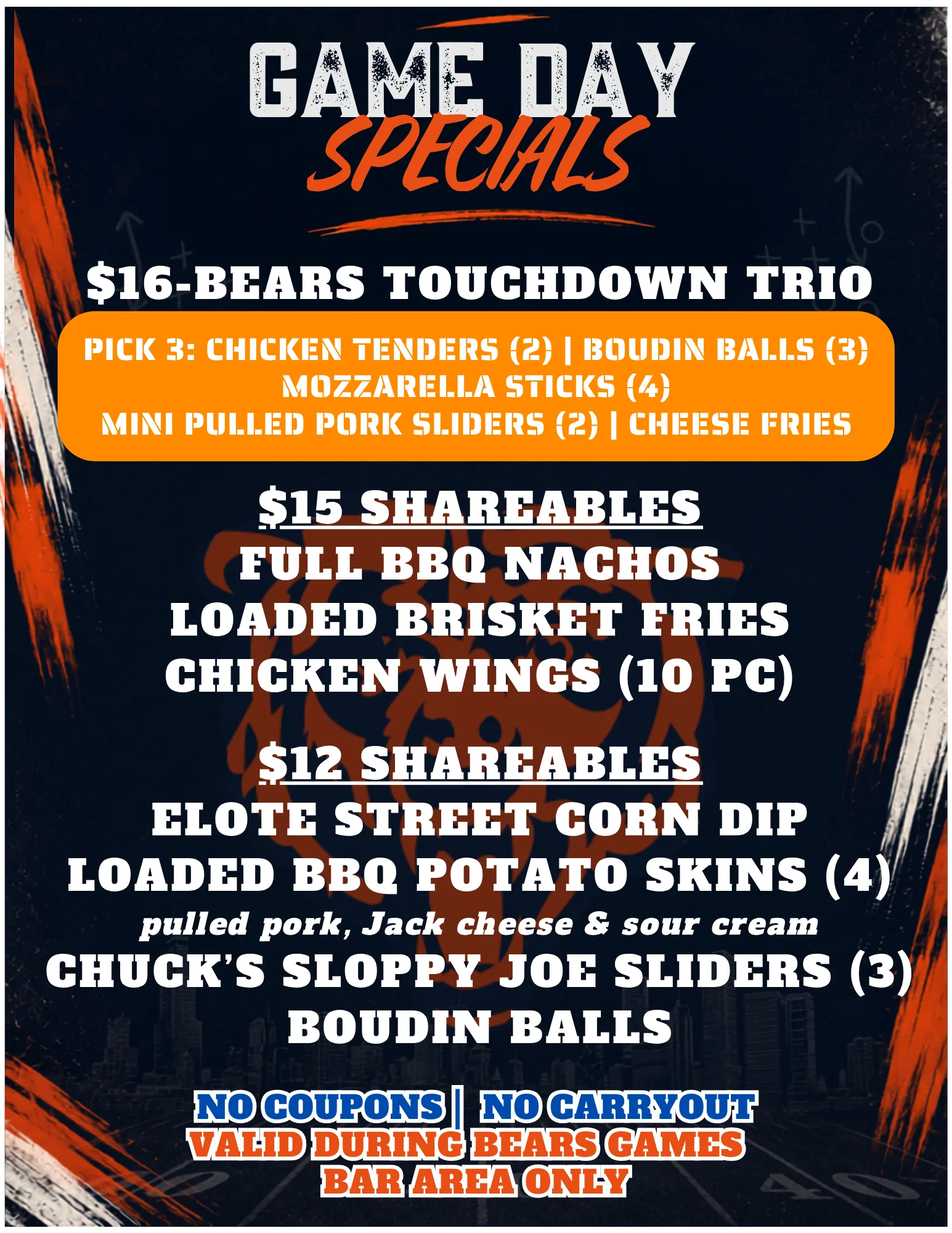 Game day food specials menu featuring shareable dishes