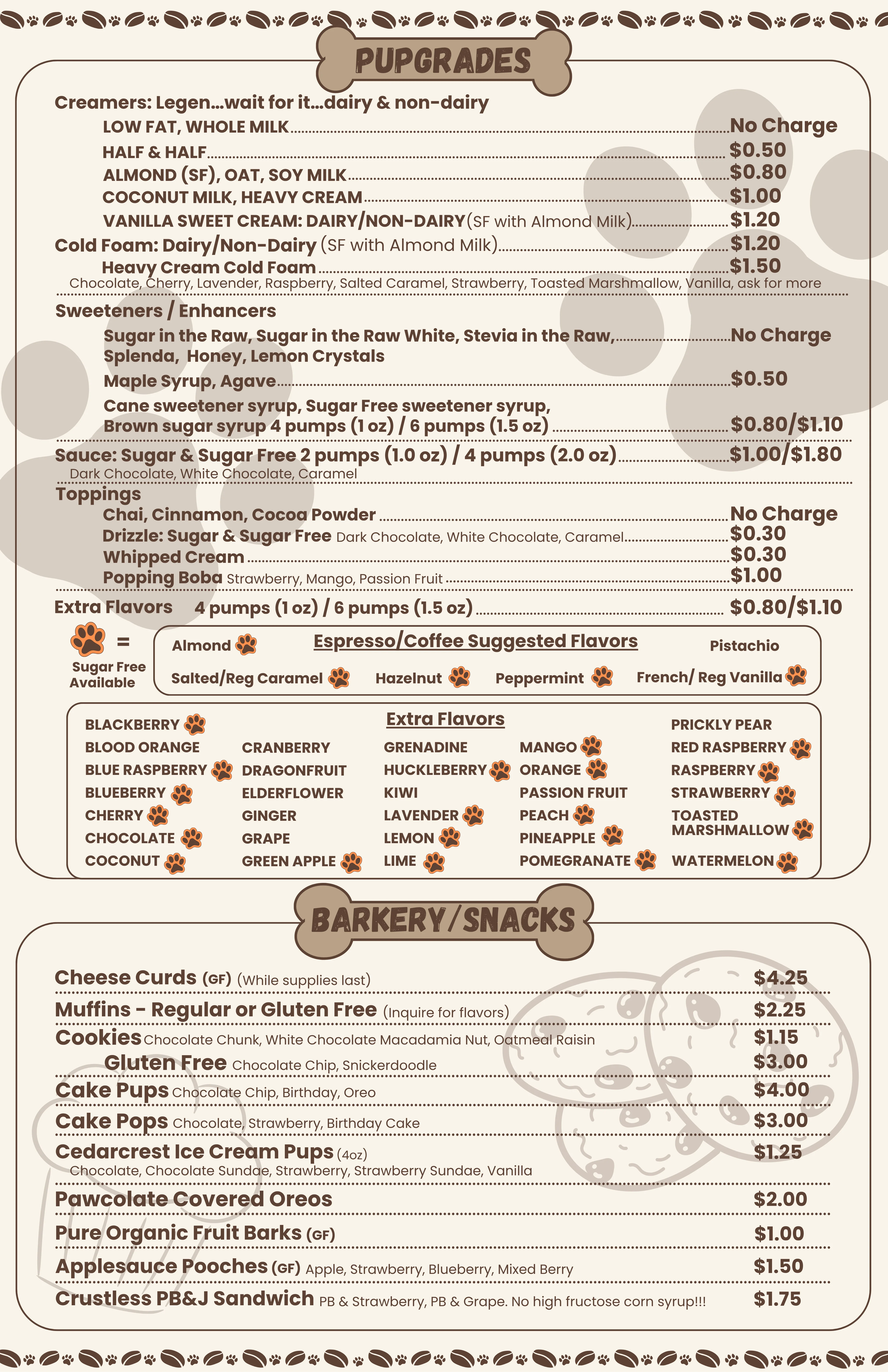 Menu featuring pupgrades and barkery snacks with prices.