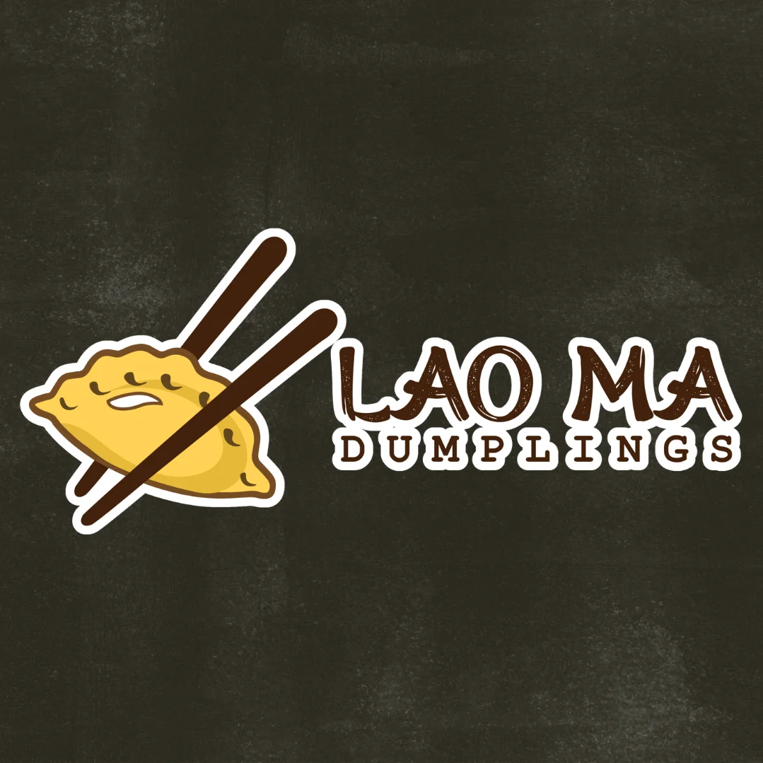 Logo of Lao Ma Dumplings featuring a dumpling and chopsticks