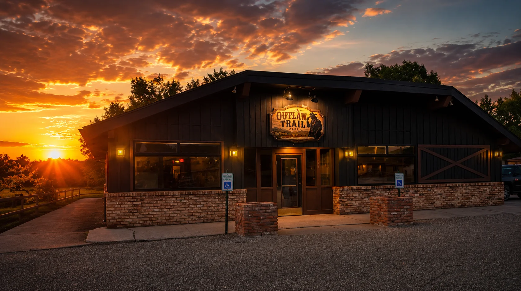 Charming restaurant exterior at sunset with warm lighting