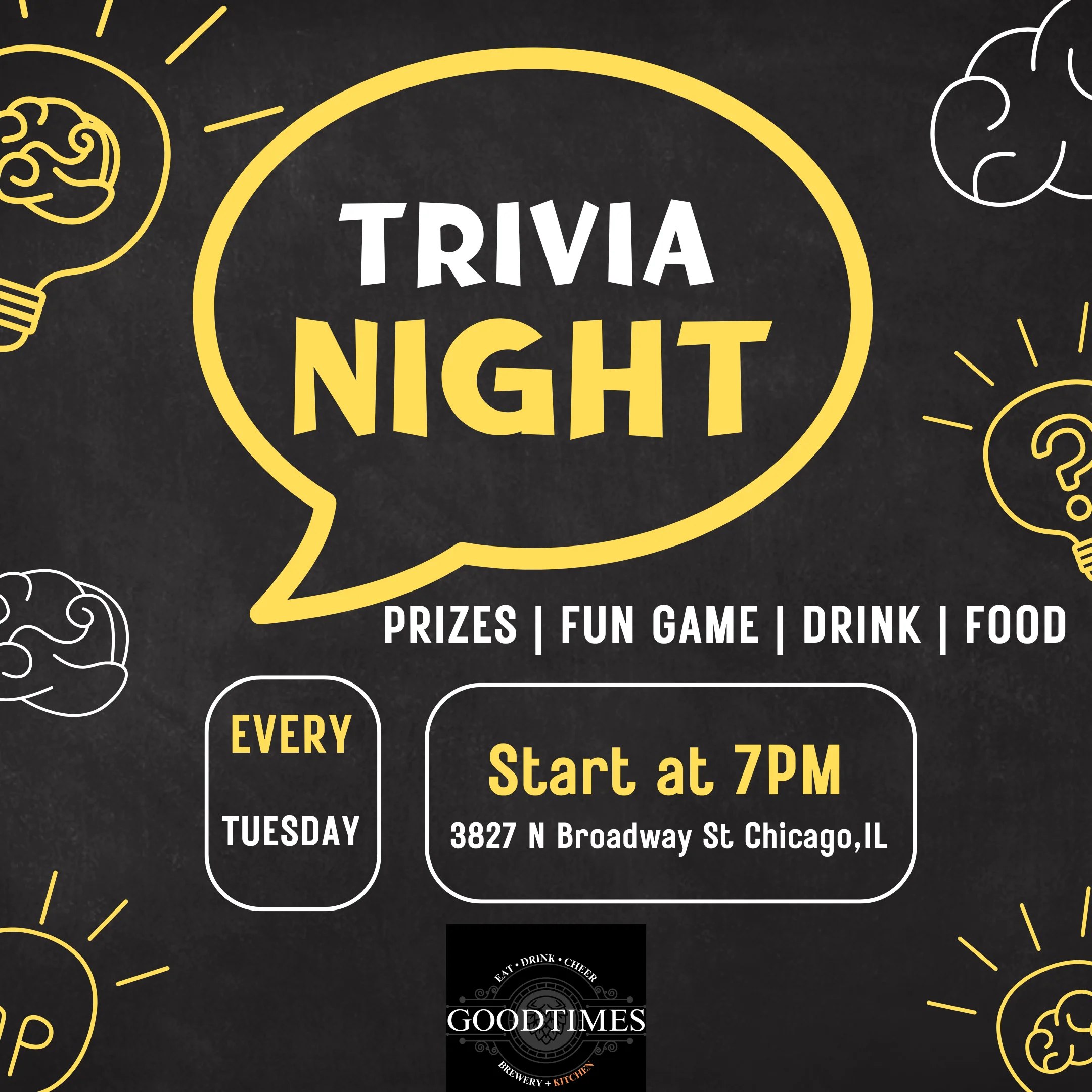 Trivia night event poster at Good Times in Chicago