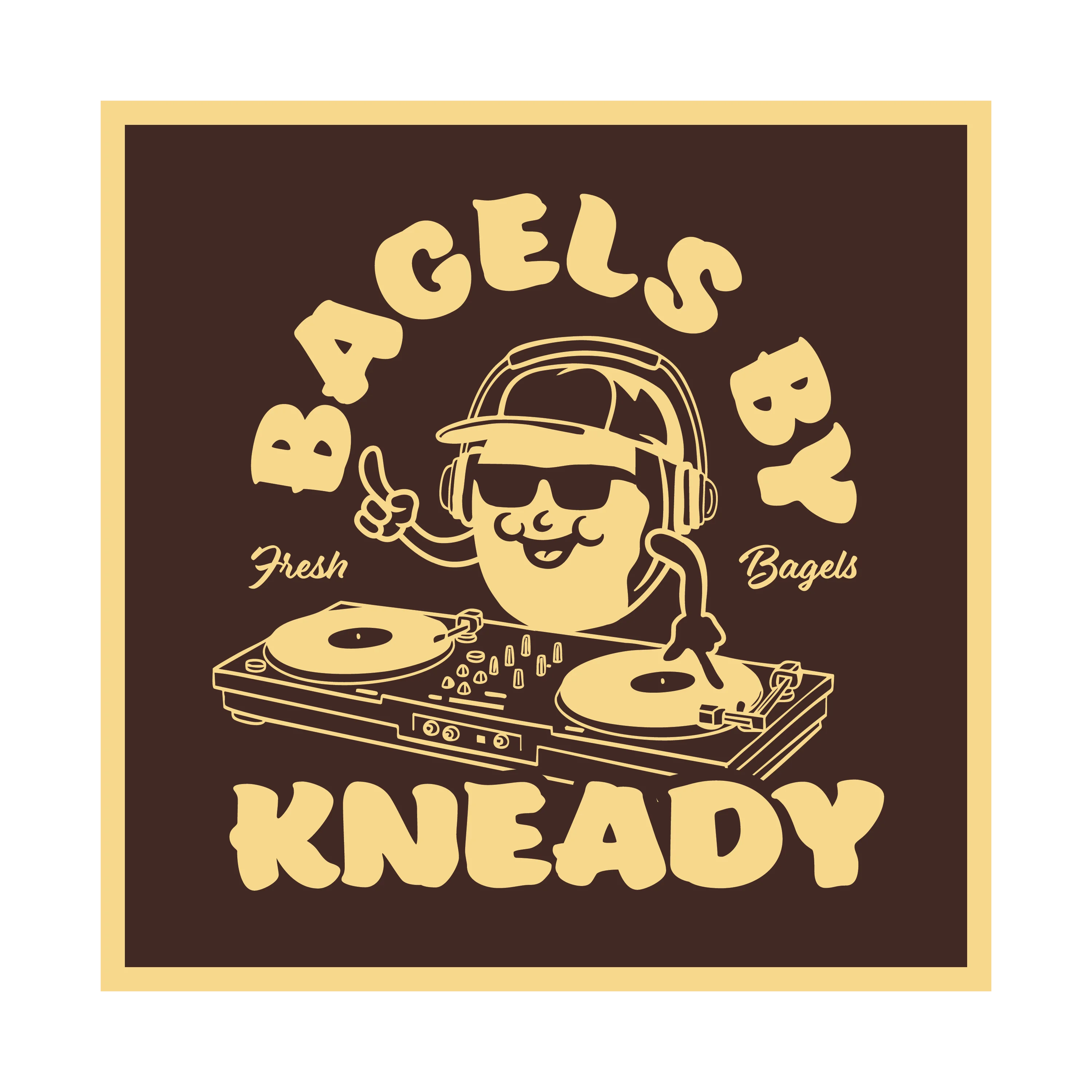 Logo for Bagels by Kneady featuring a bagel DJ with turntables.
