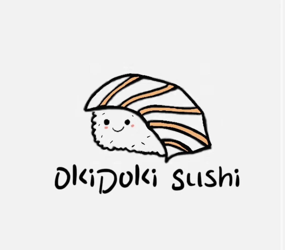 Cute sushi character logo for Okidoki Sushi restaurant