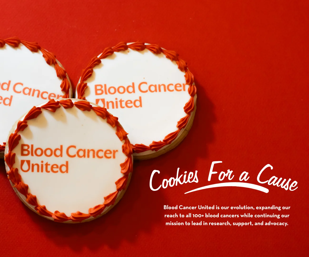 Decorative cookies for a cause with logo on red background