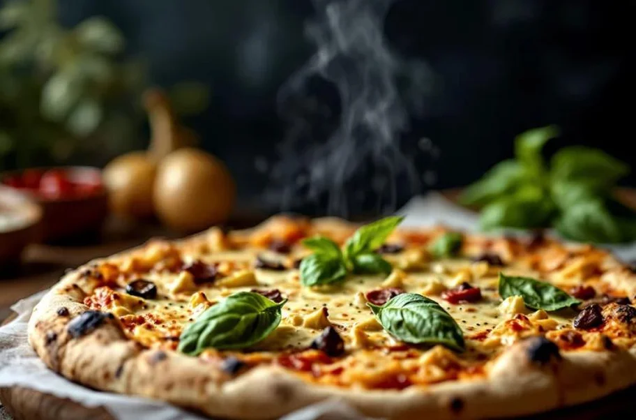 Fresh Margherita pizza with basil and steam