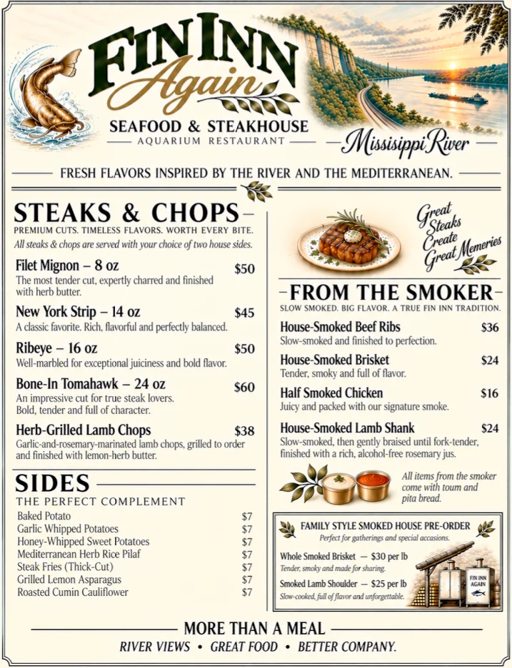 Fin Inn Again Steaks, Chops, Smoked Meats & Sides