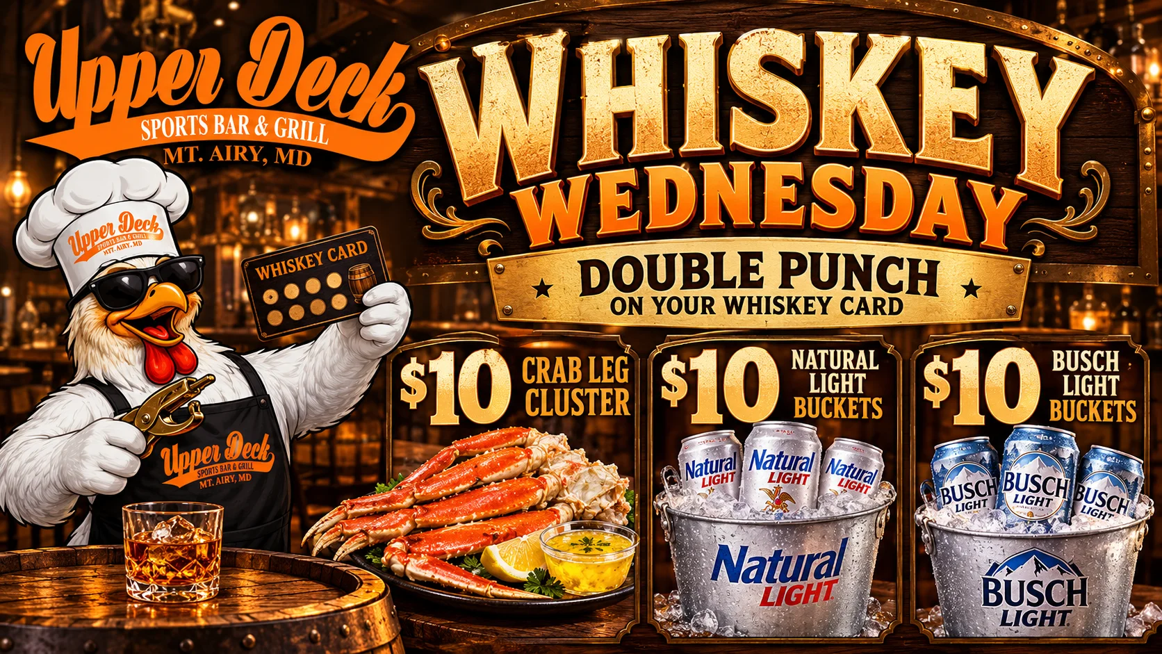 Restaurant promotional graphic with crab legs, beer buckets, whiskey, and illustrated chef mascot