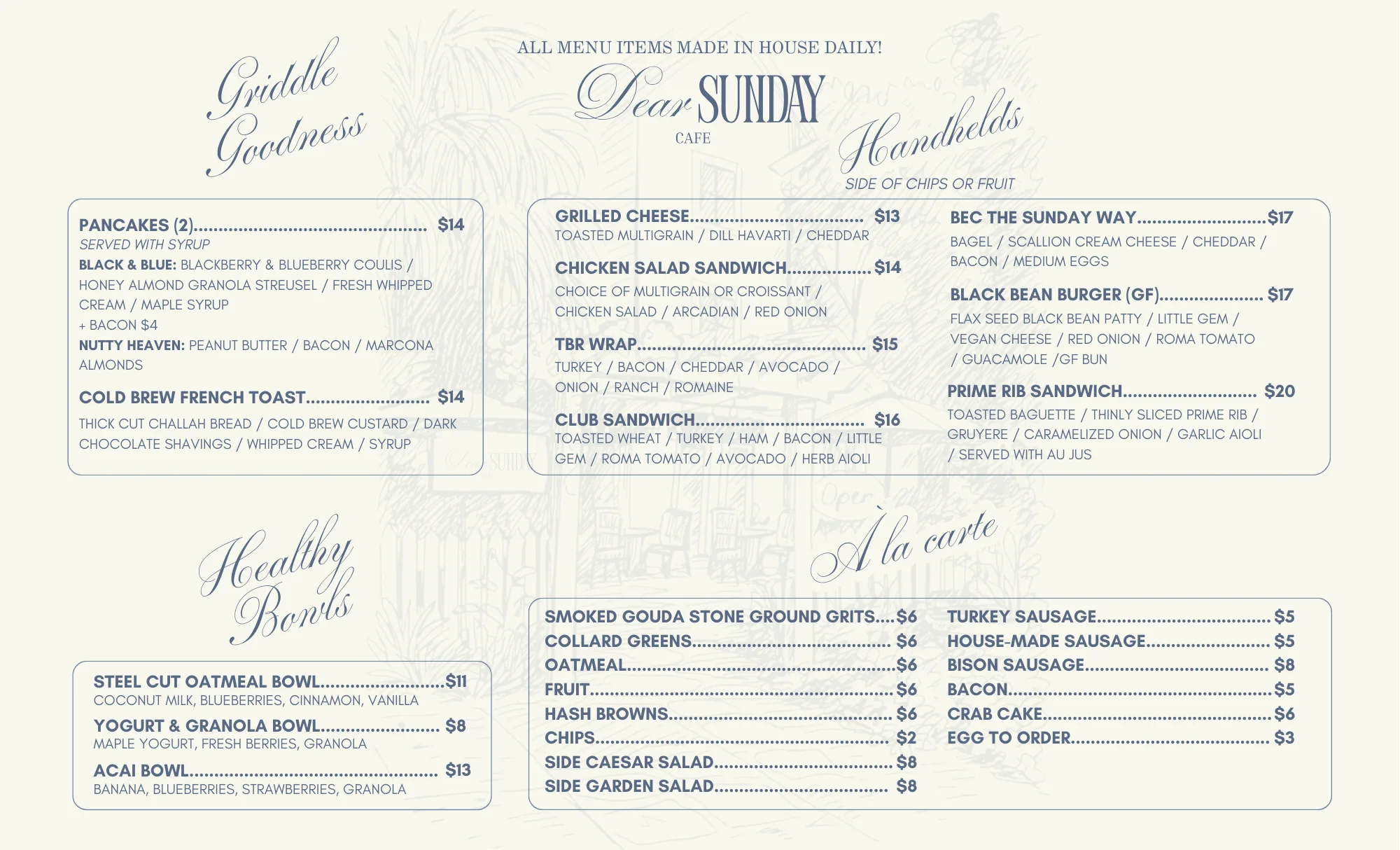 Brunch menu featuring pancakes, sandwiches, and healthy bowls