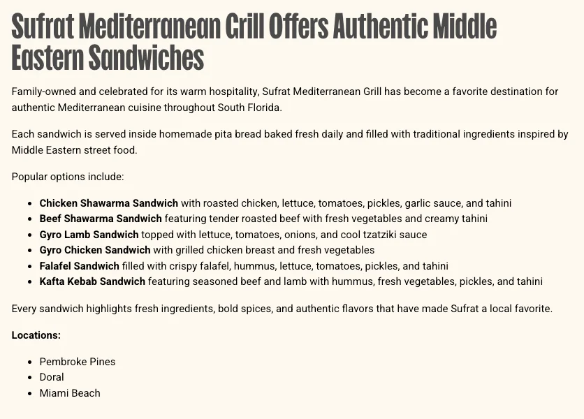 Sufrat Mediterranean Grill Offers Authentic Middle Eastern Sandwiches