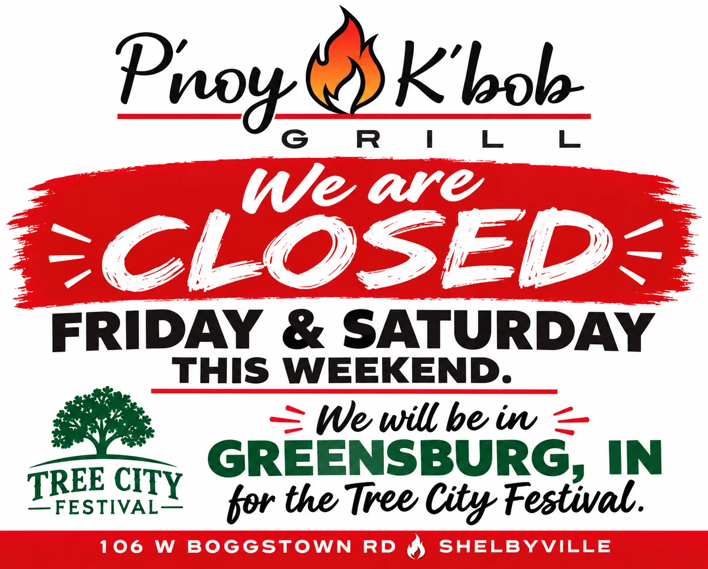Closed restaurant announcement for Tree City Festival in Greensburg, IN