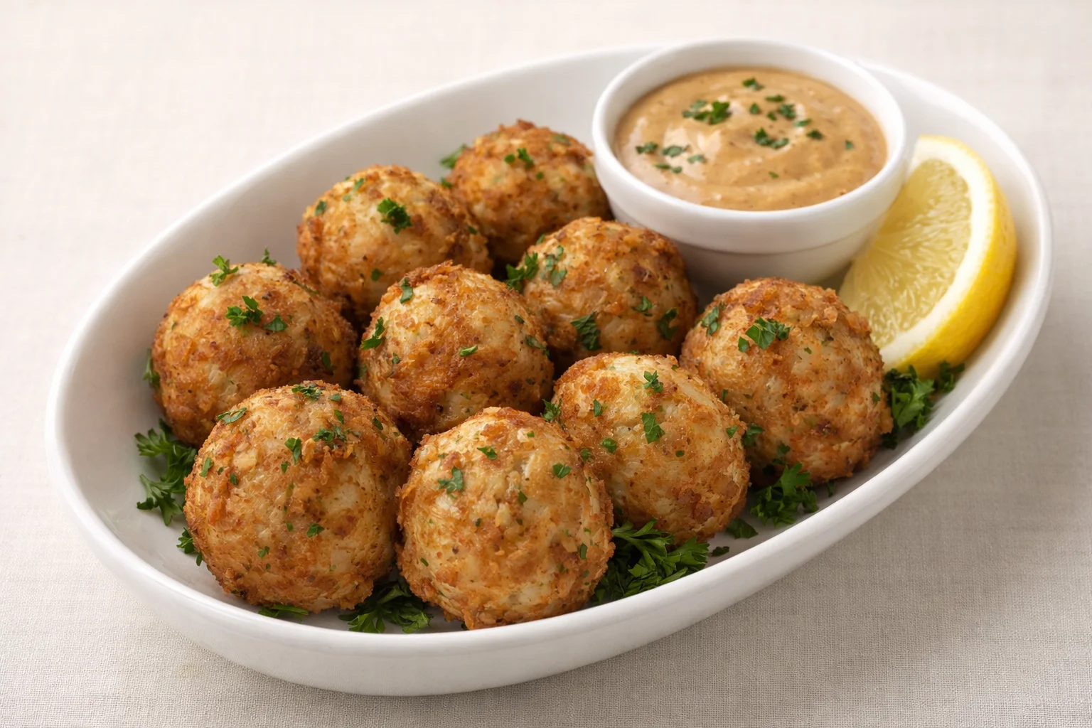 Crispy crab cakes served with dipping sauce and lemon