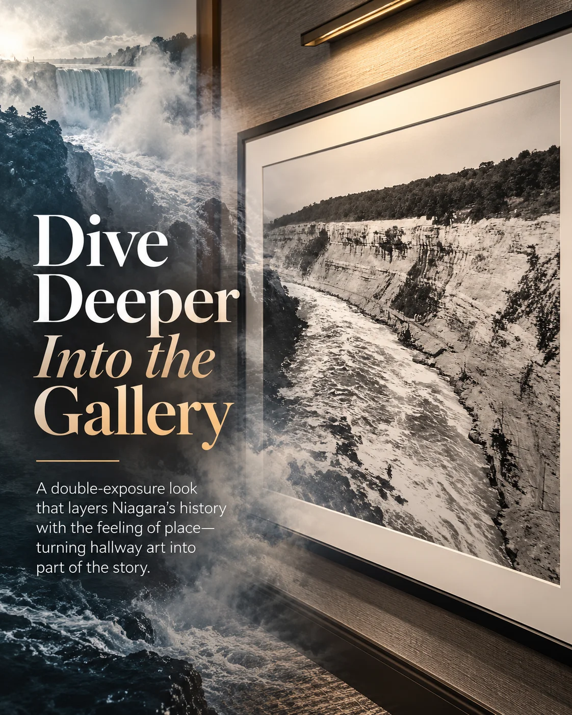 Historic Niagara Falls photo gallery display in the Cambria Hotel hallway