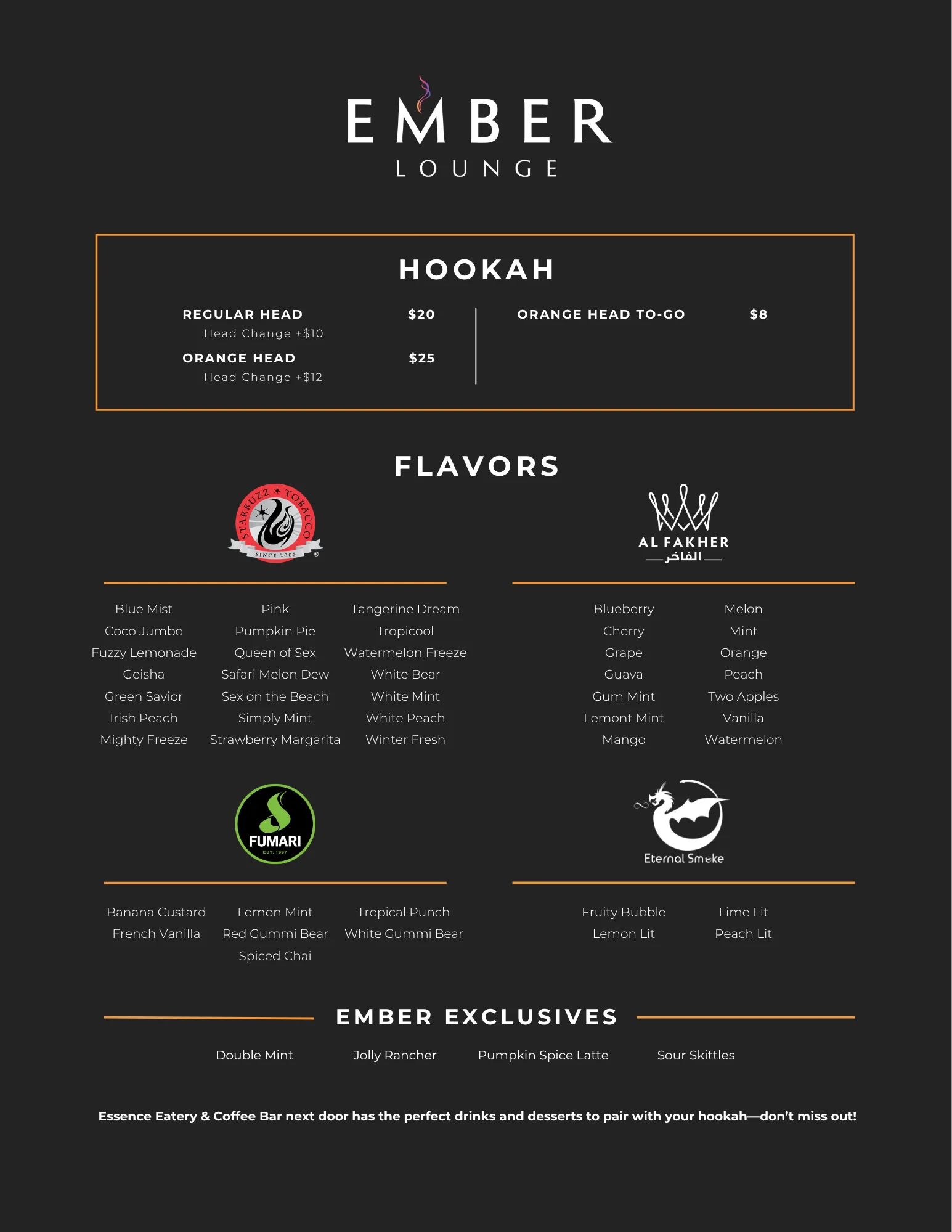 Hookah menu featuring various flavors and pricing at Ember Lounge