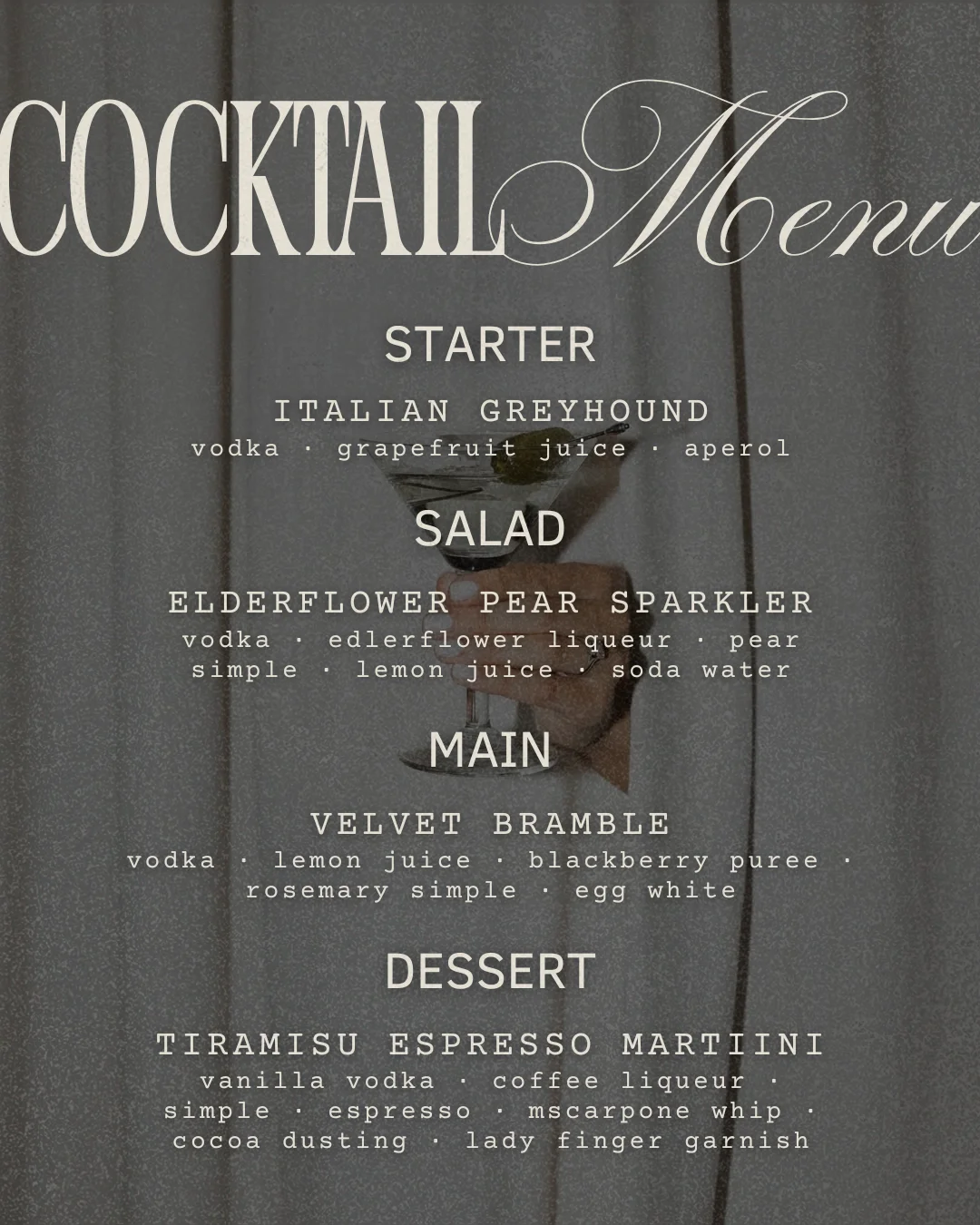 Elegant menu featuring global dishes and wine pairings