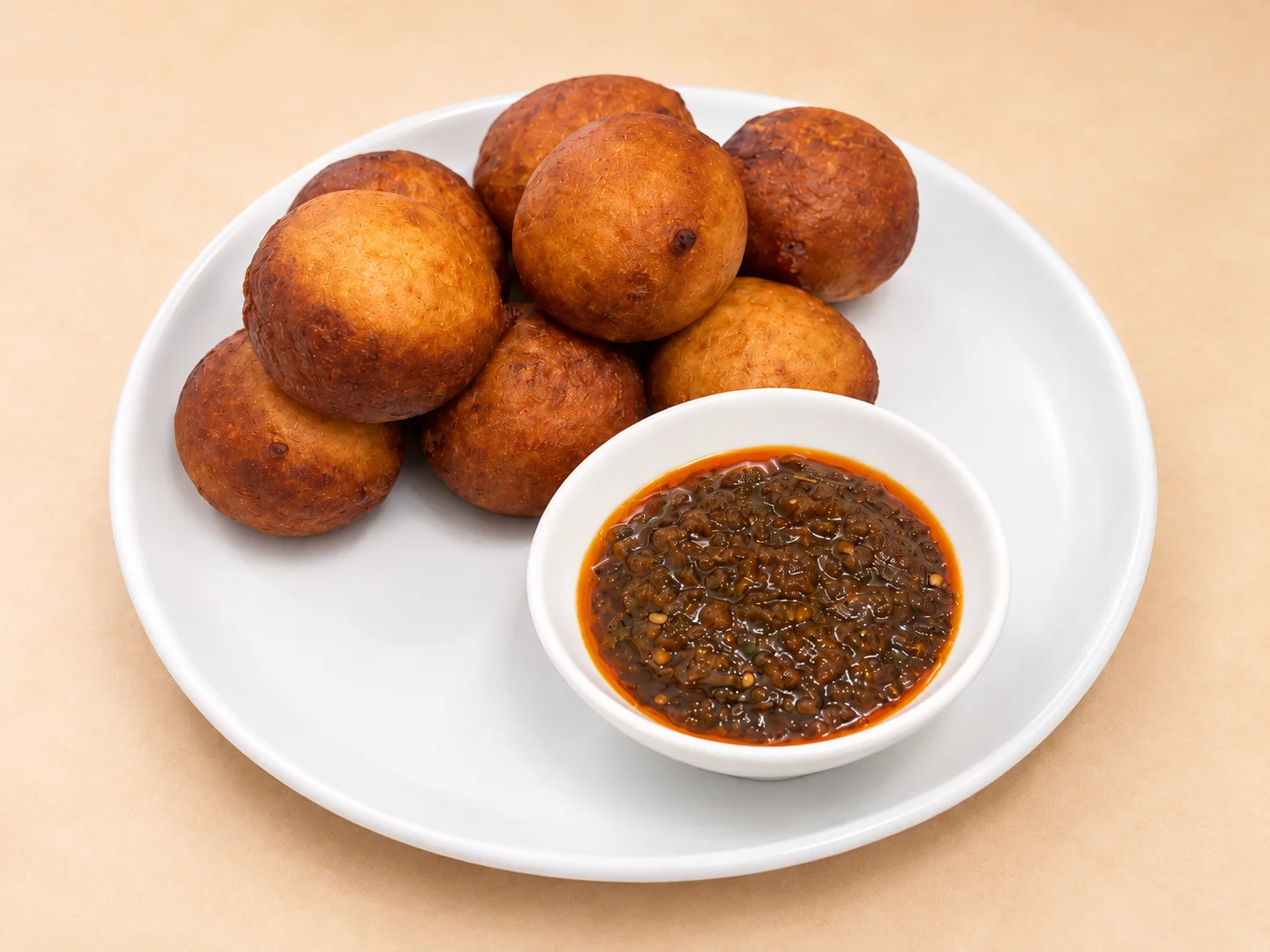 A plate of golden brown round pastries served with a dark, flavorful dipping sauce.