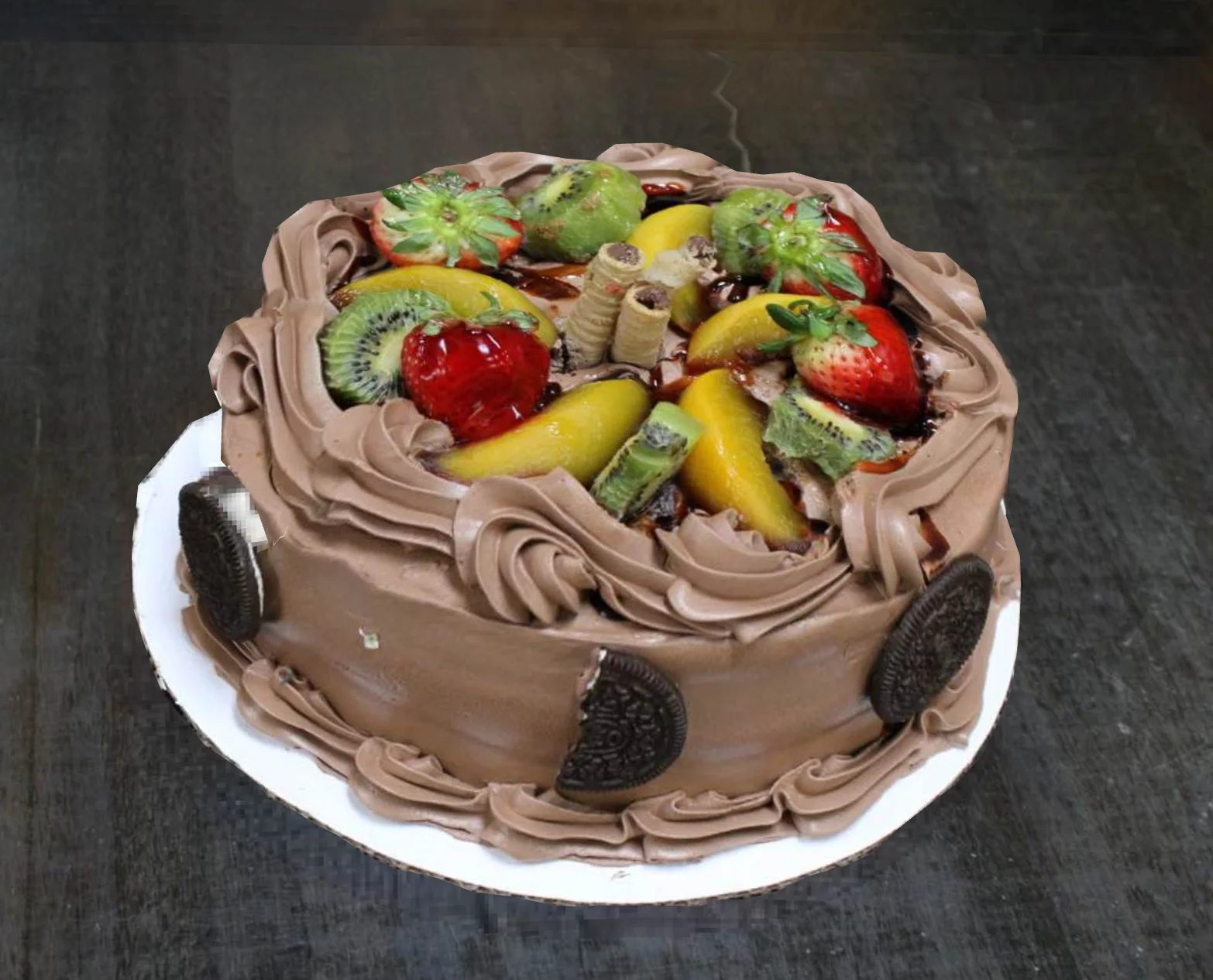 Chocolate fruit cake with assorted toppings