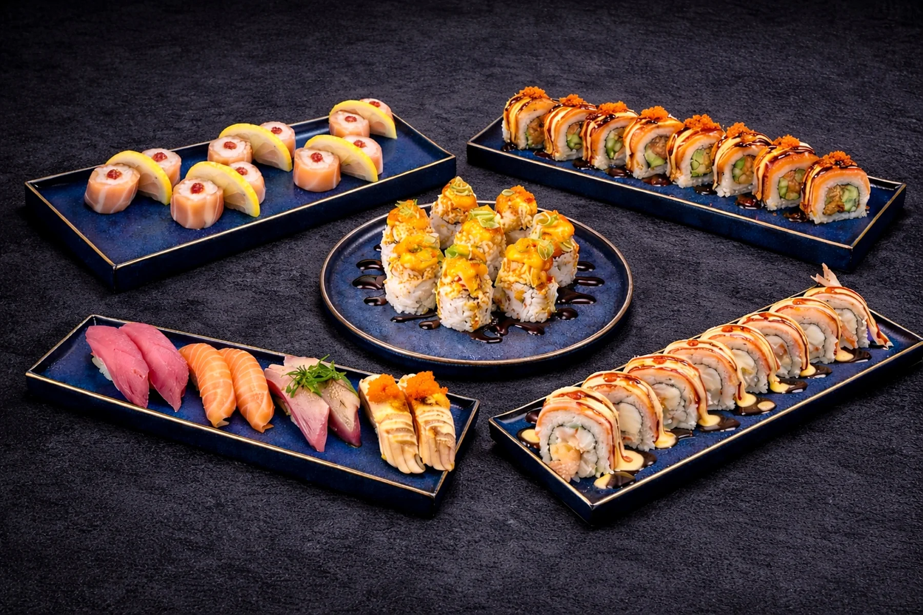 Delicious sushi platter featuring various rolls and sashimi.