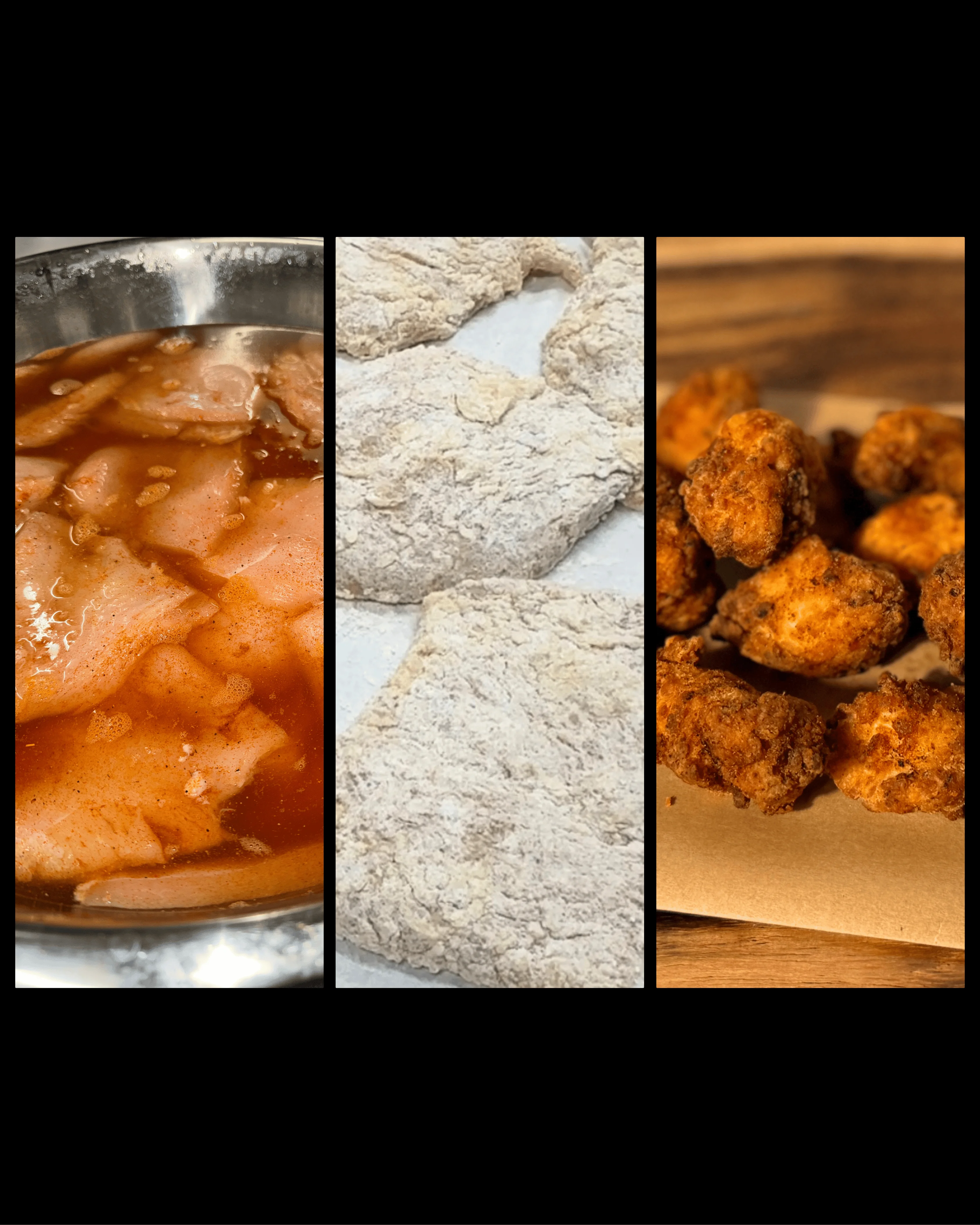 Southern fried chicken in three preparation stages