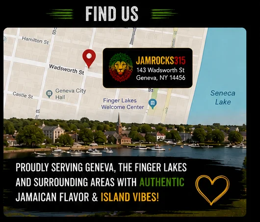 Contact page for JamRocks315, showcasing Jamaican cuisine and event catering
