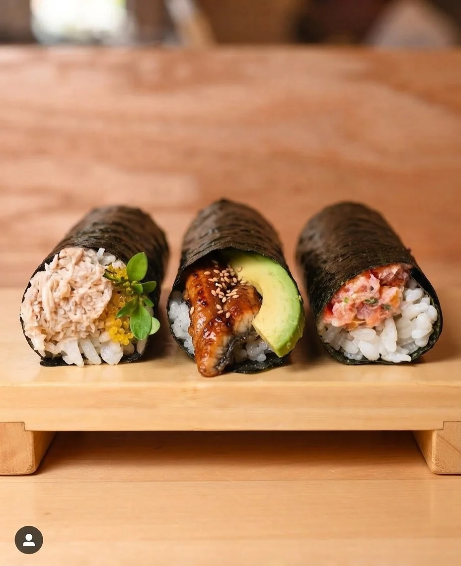 Japanese sushi served on a wooden staircase display