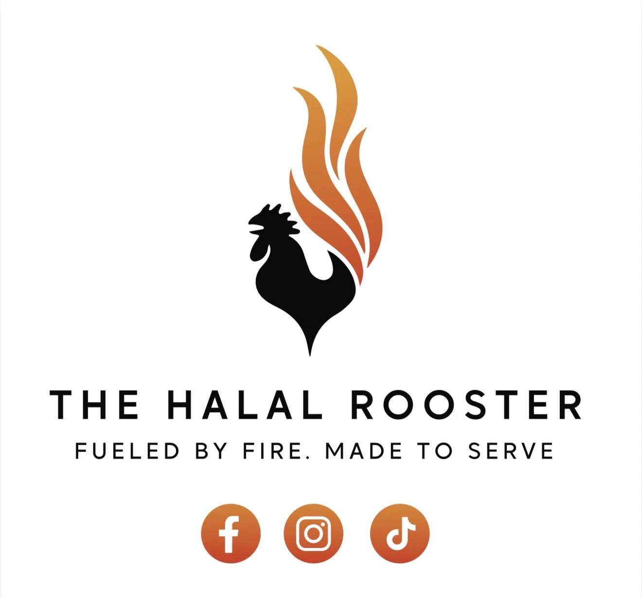 A logo with a stylized rooster and flames, representing a food brand.