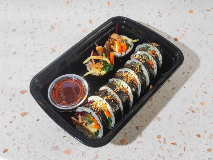 Official photograph of signature handcrafted Korean gimbap rolls at Kim & Bob Shop in Hell's Kitchen