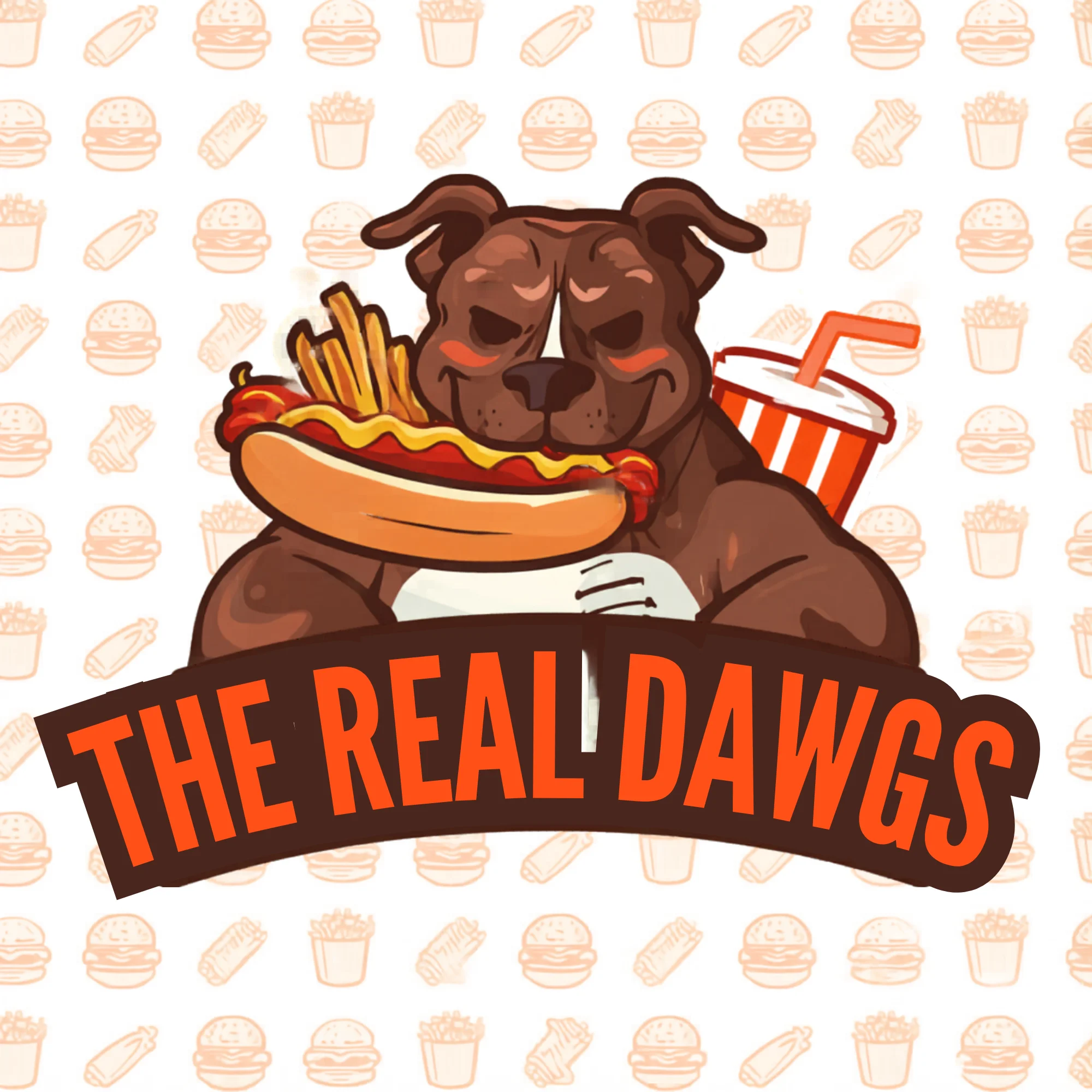 A cartoon dog holding a hot dog with fries, set against a background of food icons. The design is playful and colorful, featuring a drink cup beside the dog.