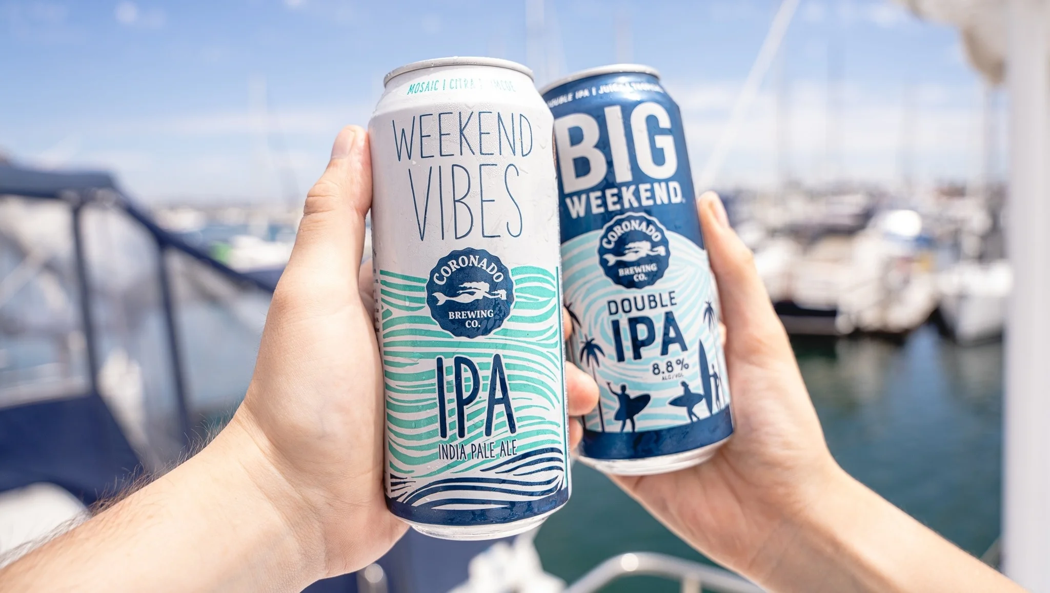 Two craft beer cans by the marina, showcasing vibrant designs