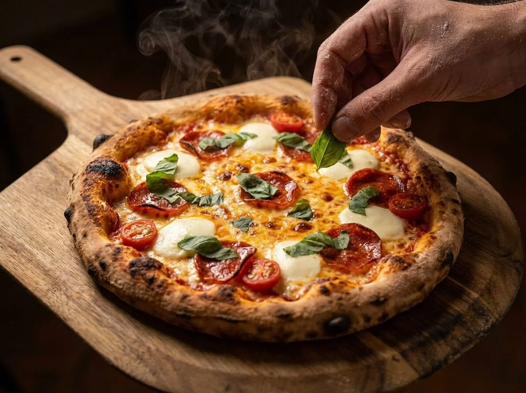 A steaming pepperoni pizza being garnished with fresh basil leaves, showcasing melted cheese and a crispy crust on a wooden serving board.