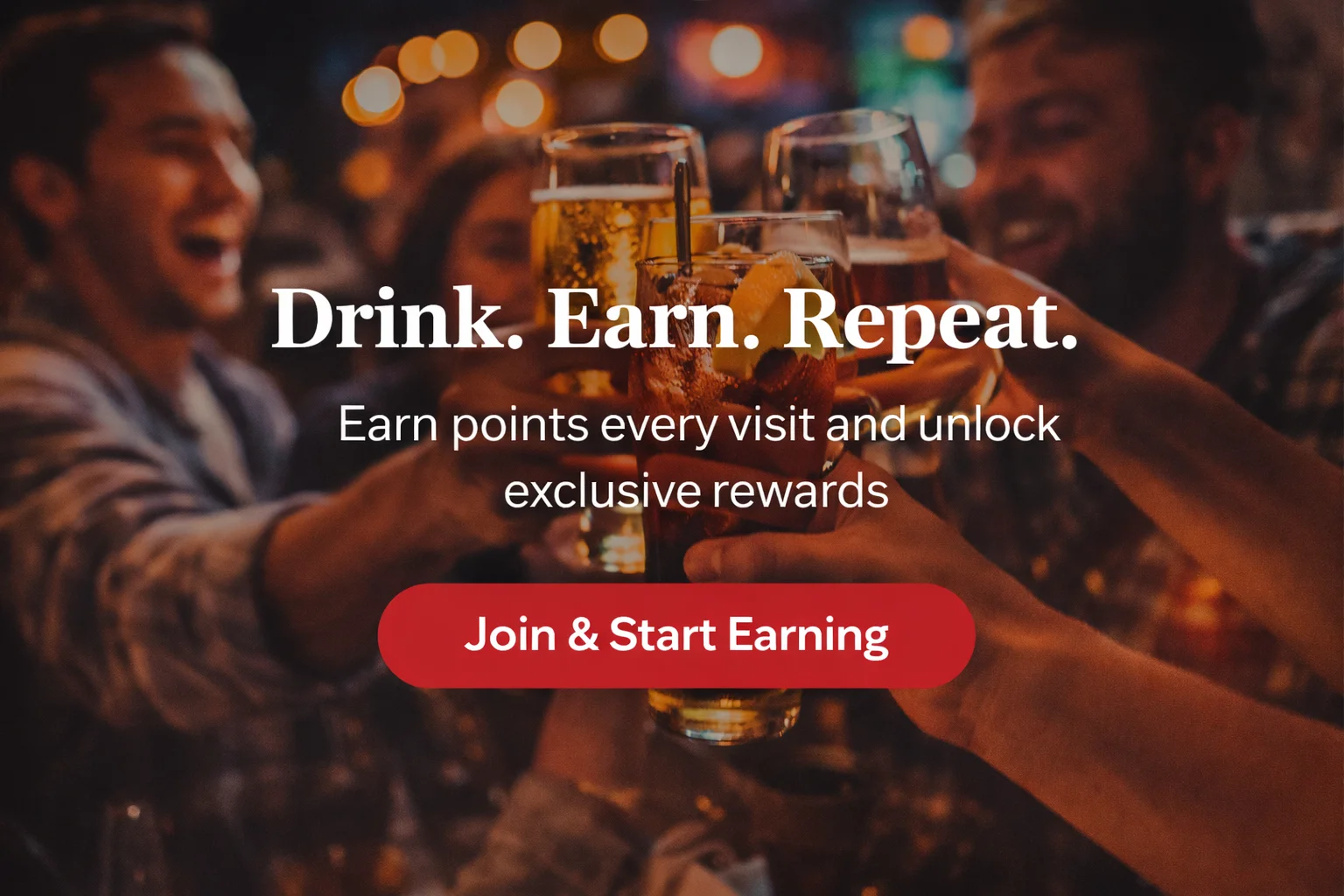 People toasting drinks at a lively bar with ‘Drink. Earn. Repeat.’ loyalty program promotion for Mason Street Bar & Grille