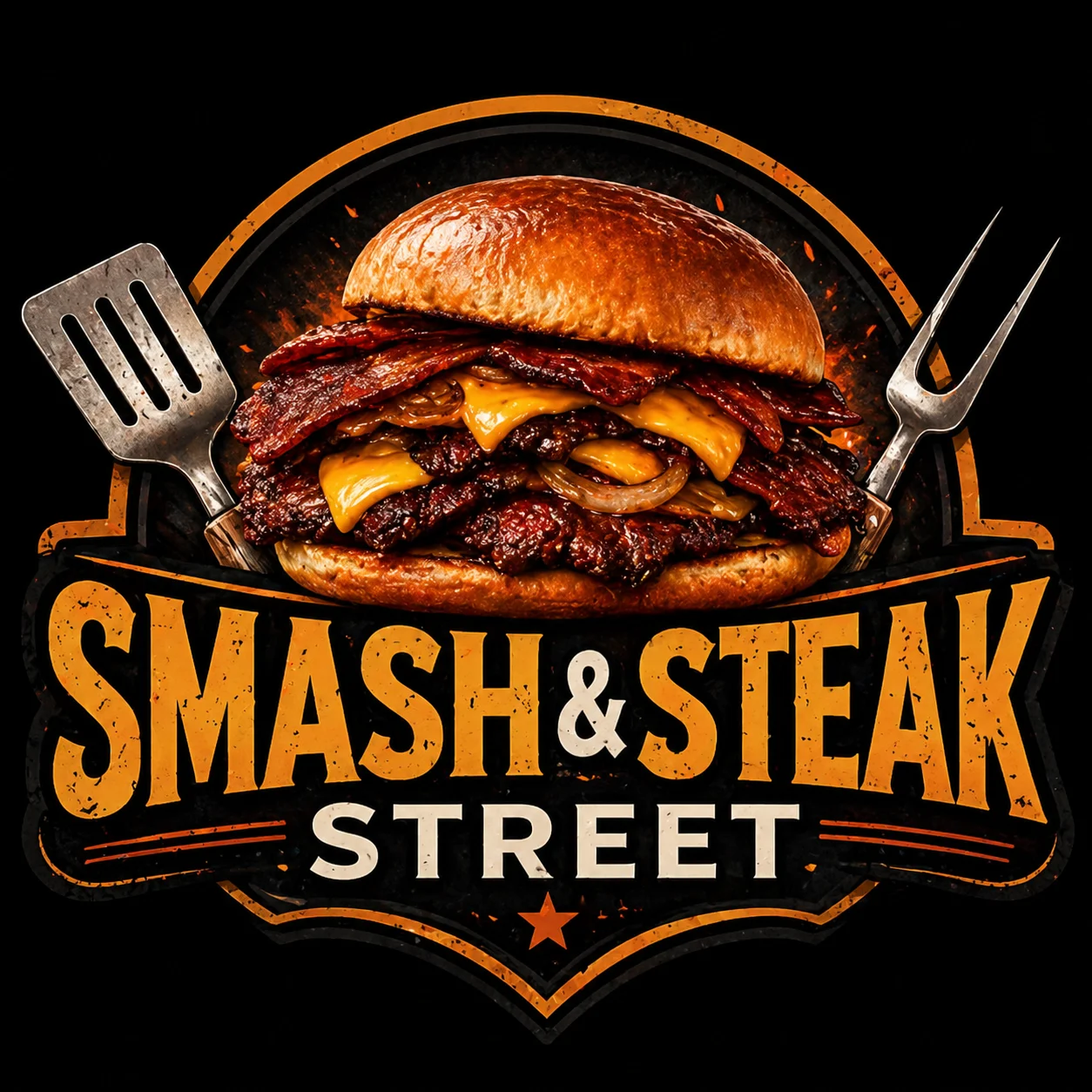 A bold graphic featuring a large burger stacked with meat, cheese, and onions, accompanied by a spatula and fork. The design prominently displays the text 'SMASH & STEAK STREET'.